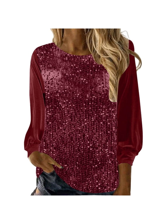 Long Sleeve Glitter Sparkly Shirts for Women Crew Neck New Year Sequin Tops Concert Party Evening Club Dressy Blouse Wine