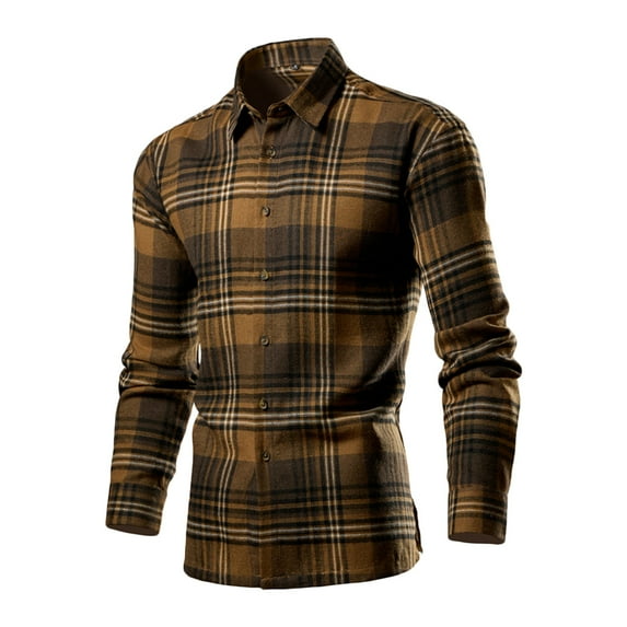 Yufatyle Long Sleeve Shirts for Men Plaid Button-Up Shirts Casual Fall Shirt Jacket Officewear Brown XL