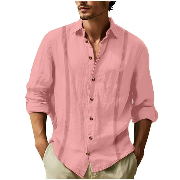 SwiftWear Long Sleeve Shirts for Men Turndown Collar Button Down Shirt Casual Loose Dress Shirts Beach Summer Vacation Pink S