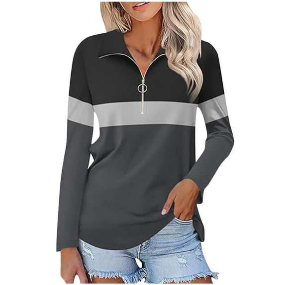 Yufatyle Long Sleeve Tops for Women Colorblocked Golf Shirts Quarter Zip Collared Blouses V Neck Pullover Fall Clothes Black