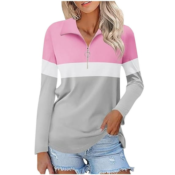 SwiftWear Long Sleeve Tops for Women Colorblocked Golf Shirts Quarter Zip Collared Blouses V Neck Pullover Fall Clothes Light Gray