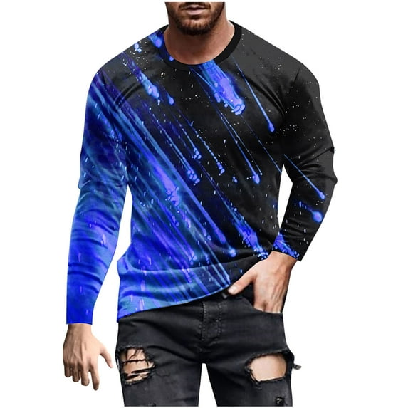 Yufatyle Long Sleeved Shirts for Men Casual Printing Workout Pullover Round Neck T-Shirt Slim Fit Tops, Blue S