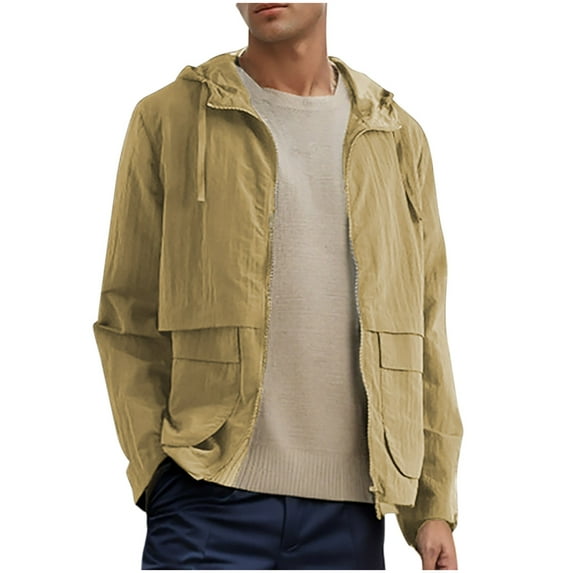 Yufatyle Loose Fit Jacket for Men, Men's Fashion Solid Color Zipper Pocket Long Sleeve Hooded Casual Outwear Coat Khaki S