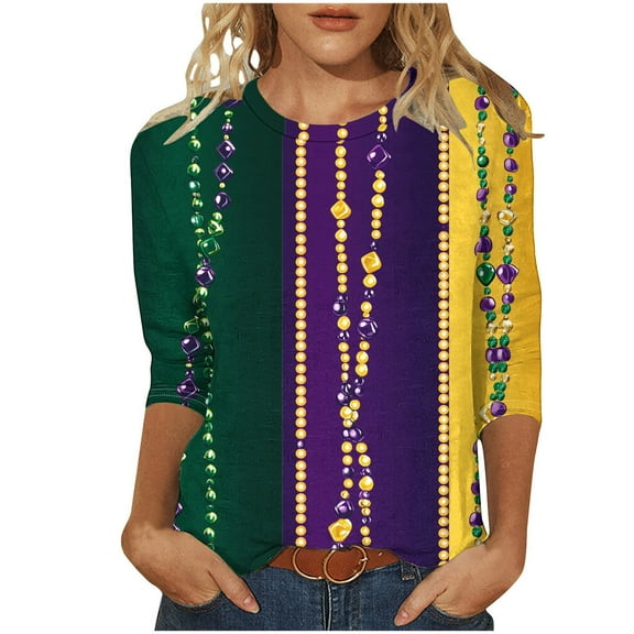 SwiftWear Mardi Gras Shirts for Women Crewneck 3/4 Sleeve Carnival Outfits Ball Beads Printed Tunic Tops Parade Blouses Purple