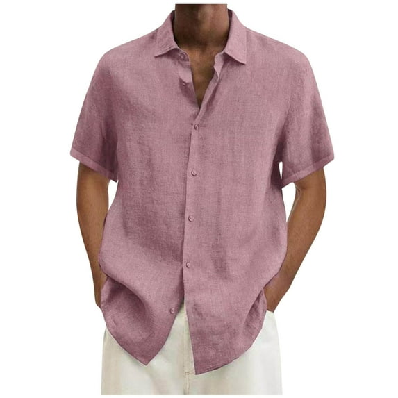 SwiftWear Men Cotton Linen Short Sleeve Stand-up Collar Button Blouses Pink XL