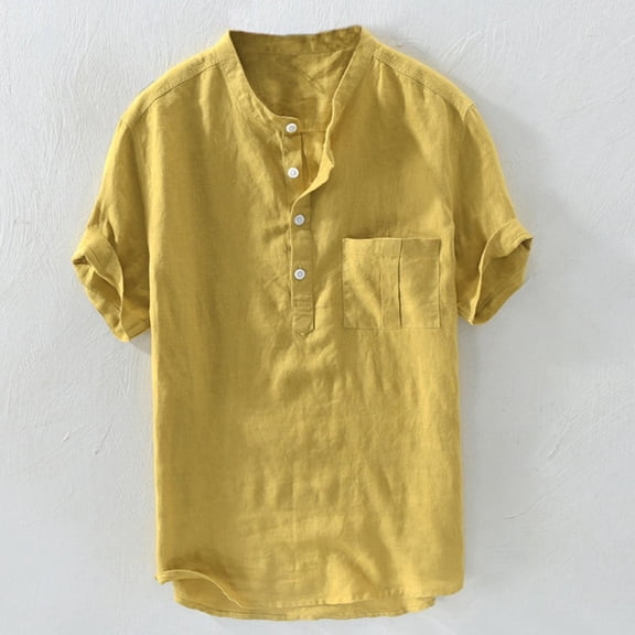 Yufatyle Men Cotton Linen Short Sleeve Stand-up Collar Button T Shirts For Man Yellow M
