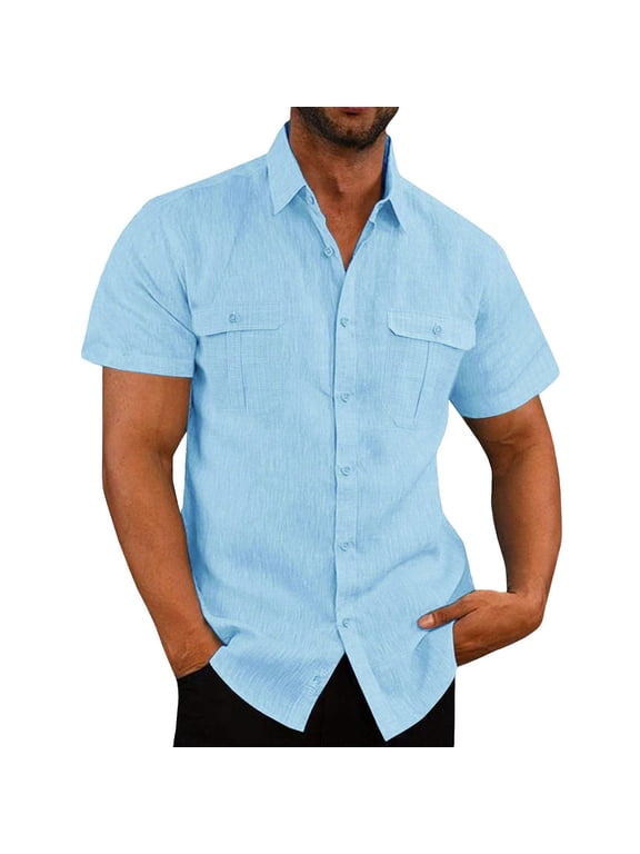 Yufatyle Men Cotton Linen Short Sleeve Turndown collar Casual Mens T Shirt Light Blue L