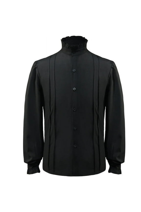 Men Pirate Shirt Victorian Ruffle High Neck Button Shirts Medieval Renaissance Vampire Puffy Halloween Black M
