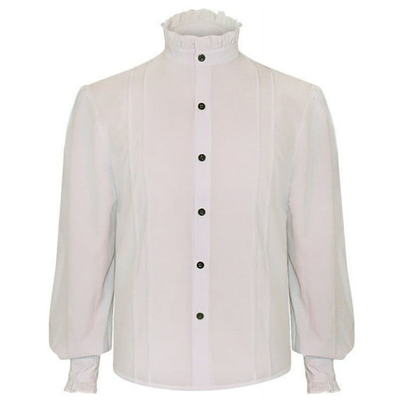 SwiftWear Men Pirate Shirt Victorian Ruffle High Neck Button Shirts Medieval Renaissance Vampire Puffy Halloween Costume White L