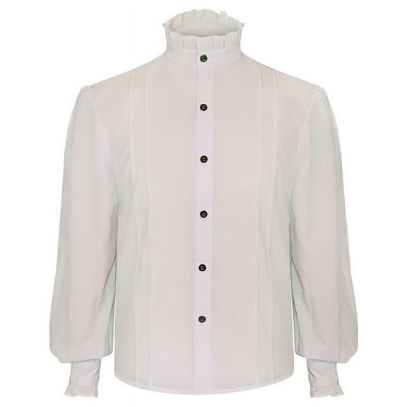 SwiftWear Men Pirate Shirt Victorian Ruffle High Neck Button Shirts Medieval Renaissance Vampire Puffy Halloween Costume White M