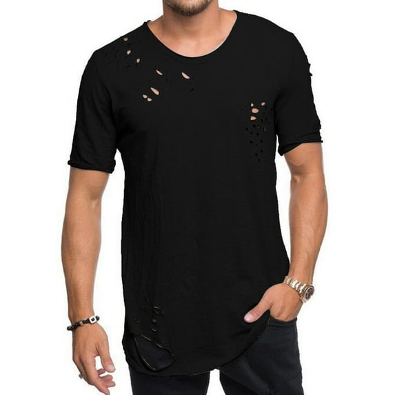 SwiftWear Men Polyester Short Sleeve Round Neck Holes and Irregular Blouse Black XXL