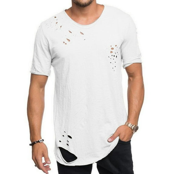 Nnhblu Men Polyester Short Sleeve Round Neck Holes and Irregular Men's T-Shirts White XL