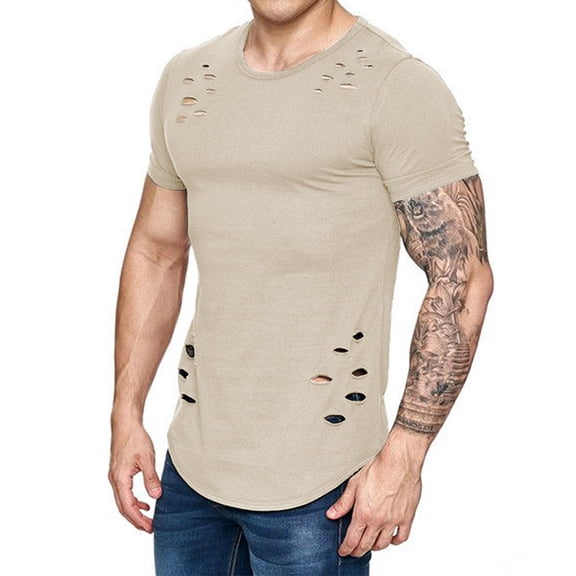 SwiftWear Men Polyester Short Sleeve Round Neck Holes and Irregular Shirts For Men Khaki L