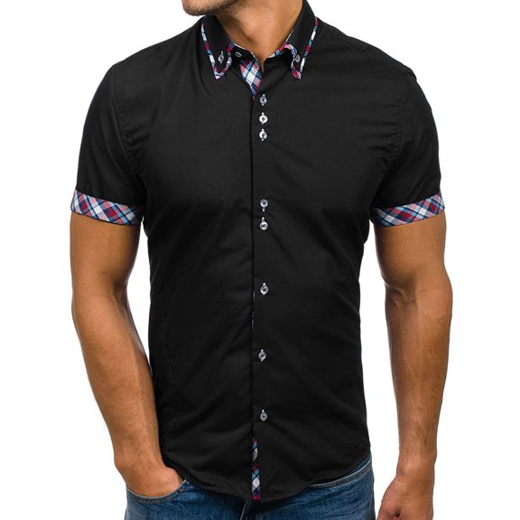 SwiftWear Men Polyester Short Sleeve Turndown collar Plaid Mens T Shirts Black XXXL