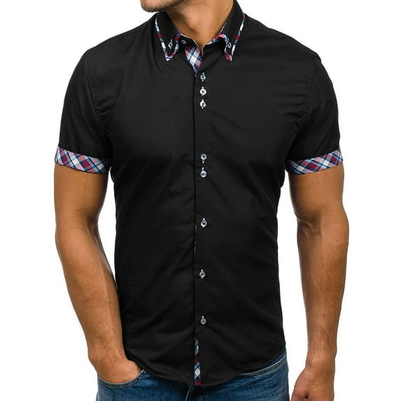 SwiftWear Men Polyester Short Sleeve Turndown collar Plaid Shirts For Men Black XL