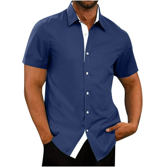 SwiftWear Men Short Sleeve Cotton Turndown collar Business Summer Blouses Navy XXL