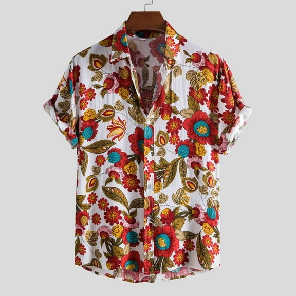 SwiftWear Men Short Sleeve Cotton Turndown collar Printed Hawaii Mens T Shirts White XL