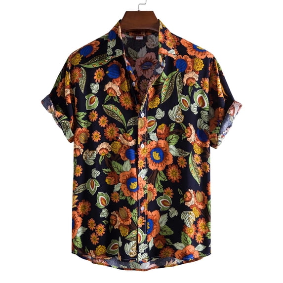 SwiftWear Men Short Sleeve Cotton Turndown collar Printed Hawaii Mens Tshirts Black XXL