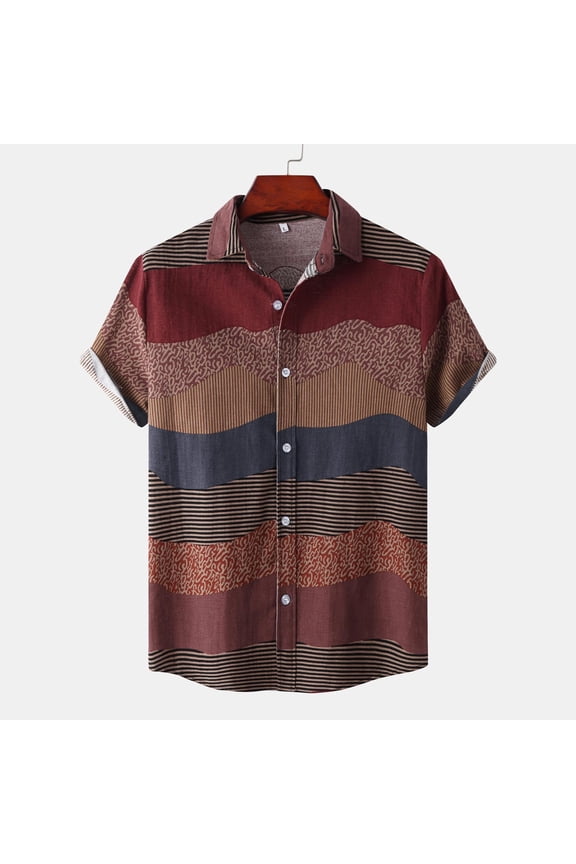 Men Short Sleeve Cotton Turndown collar Printed Hawaii Mens Tshirts Graphic Wine M