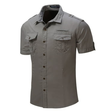 Yufatyle Men Short Sleeve Denim Turndown collar Casual T Shirts For Man Gray S