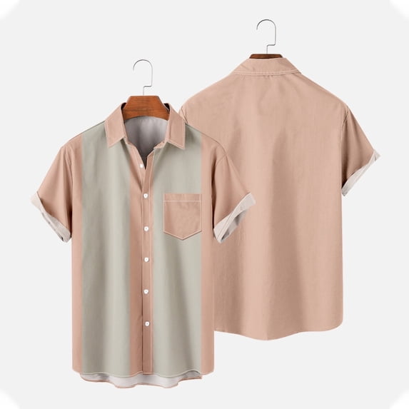 Nnhblu Men Short Sleeve Polyester Turndown collar Pocket, Hawaii Summer Blouse Pink L