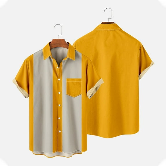 Yufatyle Men Short Sleeve Polyester Turndown collar Pocket, Hawaii Summer Blouse Yellow XXXL