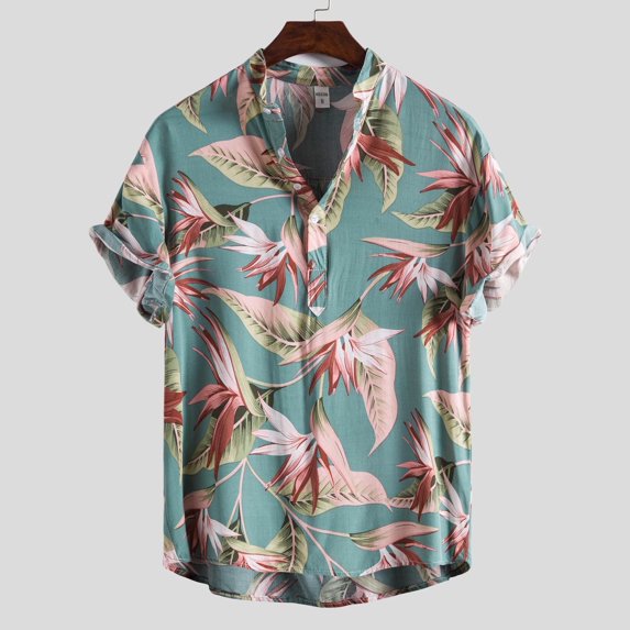 SwiftWear Men Short Sleeve Polyester Turndown collar Printed Hawaii Blouse Pink L