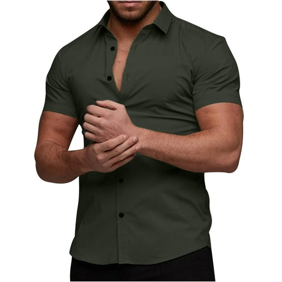 Yufatyle Men Short Sleeve Polyester Turndown collar Slim Mens T Shirts Army Green L