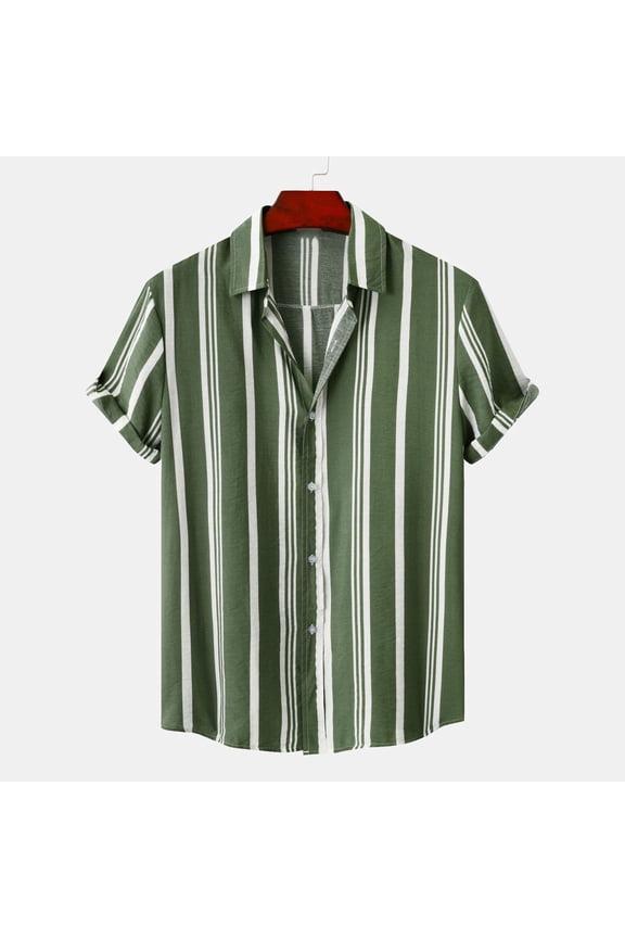Yufatyle Men Short Sleeve Polyester Turndown collar Stripe Summer Blouses Army Green XXXL