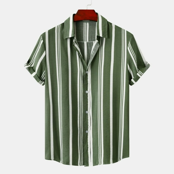 Yufatyle Men Short Sleeve Polyester Turndown collar Stripe Summer Blouses Army Green XXXL