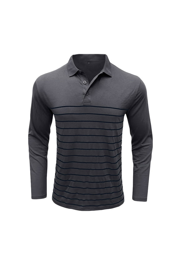 Yufatyle Men's Casual Golf Shirts Lapel Button Long Sleeve Shirt Striped Pullover Tops Sport Tennis Tee Fall Clothing Gray M