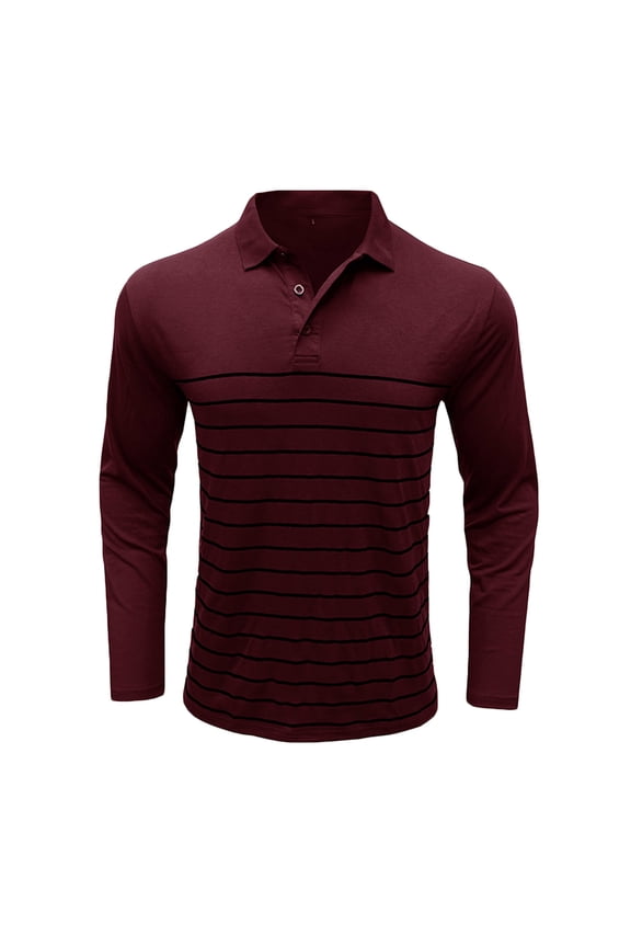 Yufatyle Men's Casual Golf Shirts Lapel Button Long Sleeve Shirt Striped Pullover Tops Sport Tennis Tee Fall Clothing Wine M