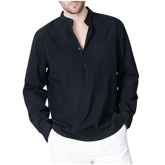 SwiftWear Men's Cotton Shirt Long Sleeve Standing Collar Button Henley Tops Beach Vacation Travel Shirts with Pocket Black S