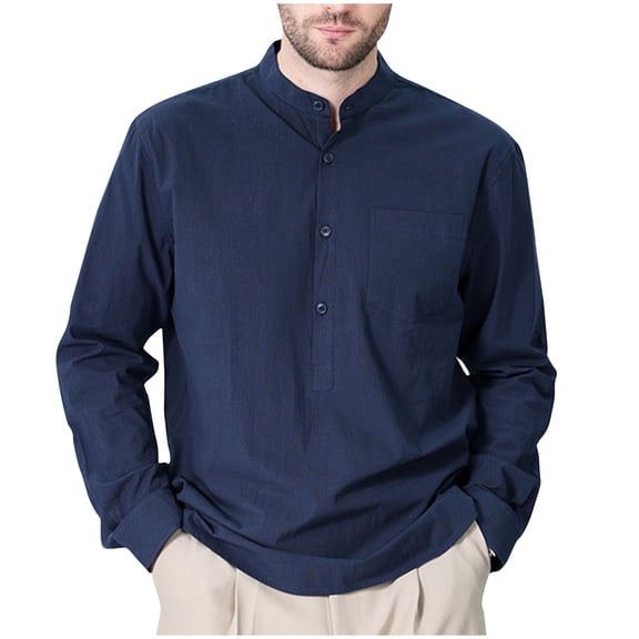 SwiftWear Men's Cotton Shirt Long Sleeve Standing Collar Button Henley Tops Beach Vacation Travel Shirts with Pocket Navy XL