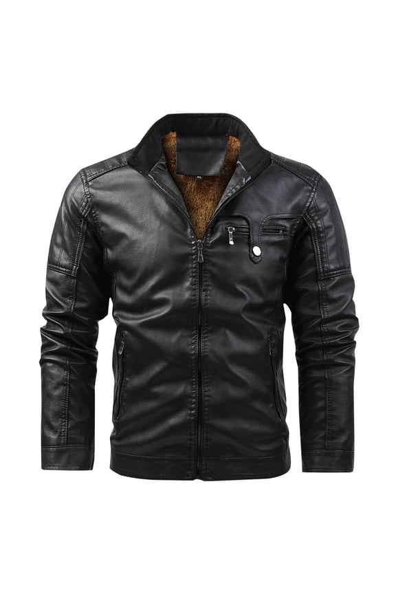 Men's PU Moto Jacket Faux Leather Multiple Pockets Zipper Loose Coat Solid Color Long Sleeved Collared Outwear Black XXL