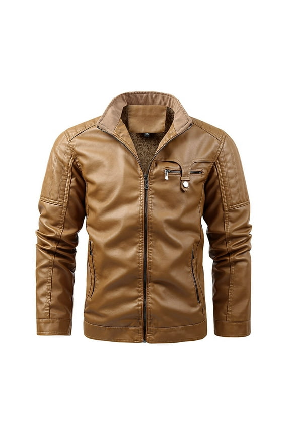 Men's PU Moto Jacket Faux Leather Multiple Pockets Zipper Loose Coat Solid Color Long Sleeved Collared Outwear Yellow M