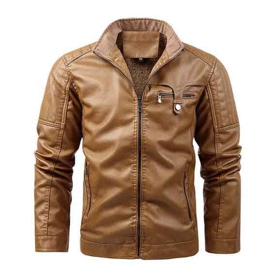 SwiftWear Men's PU Moto Jacket Faux Leather Multiple Pockets Zipper Loose Coat Solid Color Long Sleeved Collared Outwear Yellow XXXXL