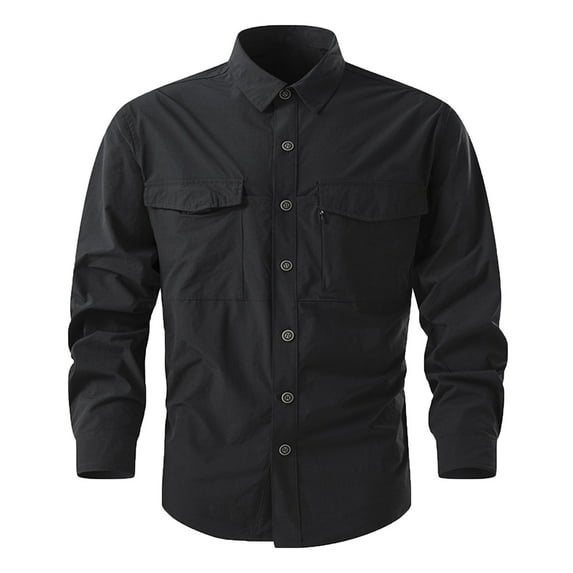 SwiftWear Men's Quick Dry Button Down Shirts Long Sleeve Cargo Shirts with Pockets Solid Color Outdoor Tactical Shirt Black M