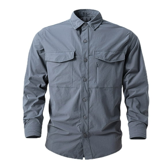 Yufatyle Men's Quick Dry Button Down Shirts Long Sleeve Cargo Shirts with Pockets Solid Color Outdoor Tactical Shirt Light Gray XXL