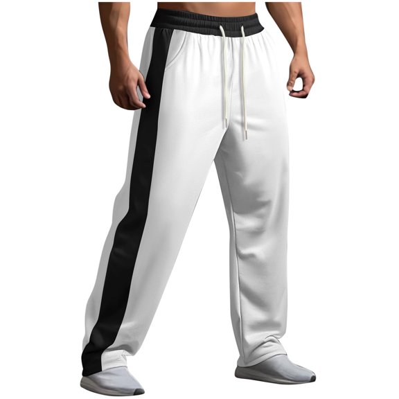Yufatyle Men's Side Stripe Sweatpants Straight Leg Drawstring Jogger Pants Casual Loose Trackpants with Pockets White M