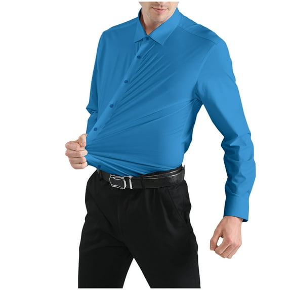 SwiftWear Men's Stretchy Dress Shirts Formal Long Sleeve Button Down Shirt Wedding Prom Slim Fit Cotton Tops Blue S