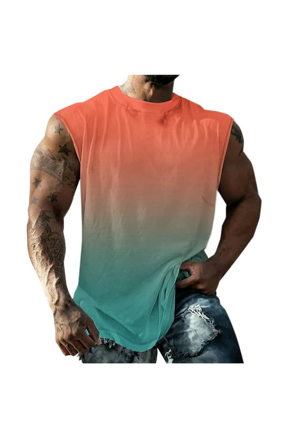 Men's Tank Tops Quick Dry Workout Shirts Sleeveless Round Neck Gradient Tee Shirt Gym Athletic Training Tank M