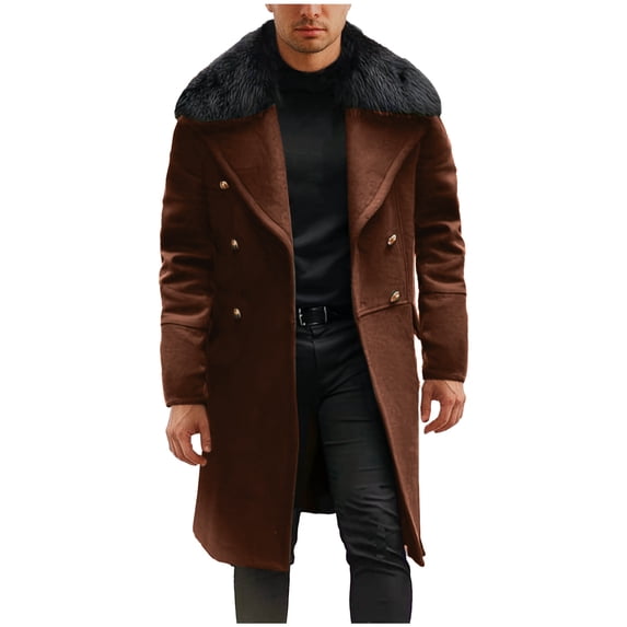 SwiftWear Men's Winter Warm Jacket, Men Casual Overcoat Solid Double-Breasted Pocket Long Loose Coat Brown XL