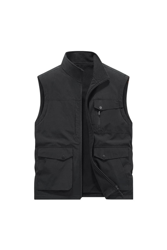 Yufatyle Men's Work Clothes Jacket Solid Stand Collar Double Sided Wear Multi-Pockets Outdoor Sports Photo Casual Coat Black XXL