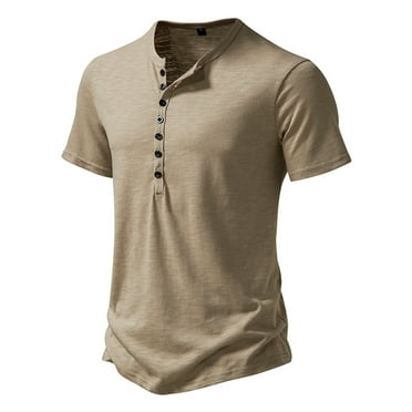 Yufatyle Mens Cotton Shirts Short Sleeve Crew Neck Shirts for Men Short Sleeve Quick Dry Fashion Solid Color T-Shirts, Khaki-L