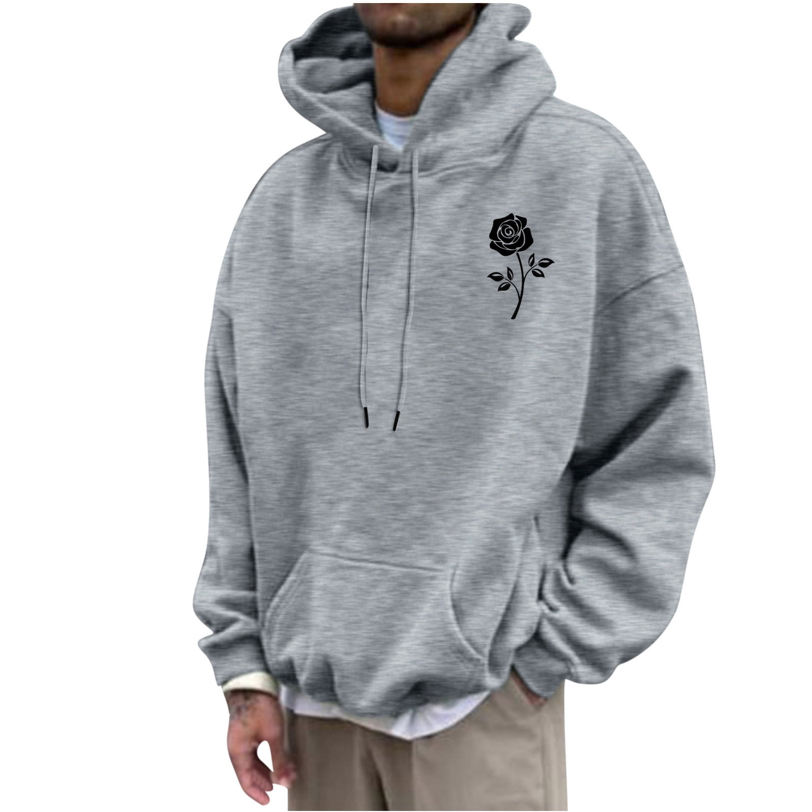 Yufatyle Mens Hoodie Rose Rinted Pullover Long-Sleeved Top Loose