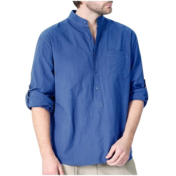 SwiftWear Mens Long Sleeve Cotton Shirts Band Collar Button Henley Shirt Casual Solid Color Tops with Pocket Blue XXL