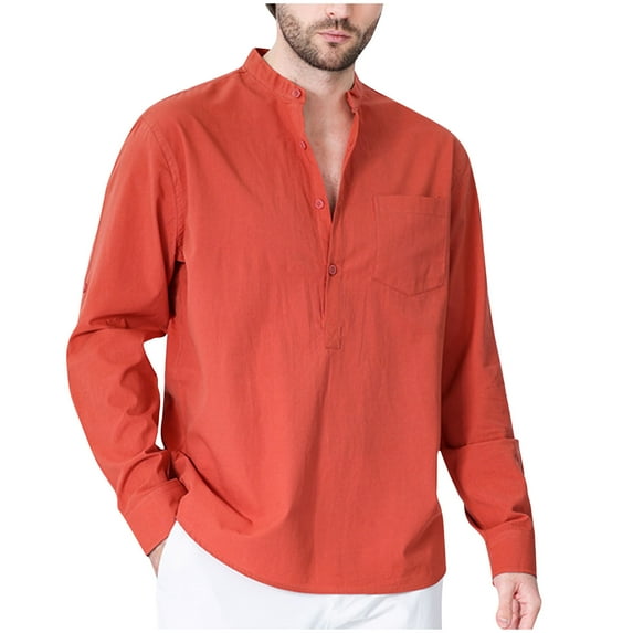 SwiftWear Mens Long Sleeve Cotton Shirts Band Collar Button Henley Shirt Casual Solid Color Tops with Pocket Red M