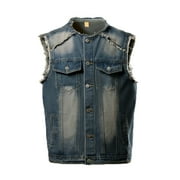SwiftWear Mens Motorcycle Biker Riding Denim Vest Round Neck Sleeveless Club Style Jean Vest Blue L