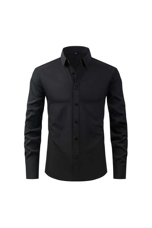 Mens No-Ironing Wrinkle Resistance Dress Shirts Solid Color Business Shirt Turndown Collar Button Down Top, Black XXL